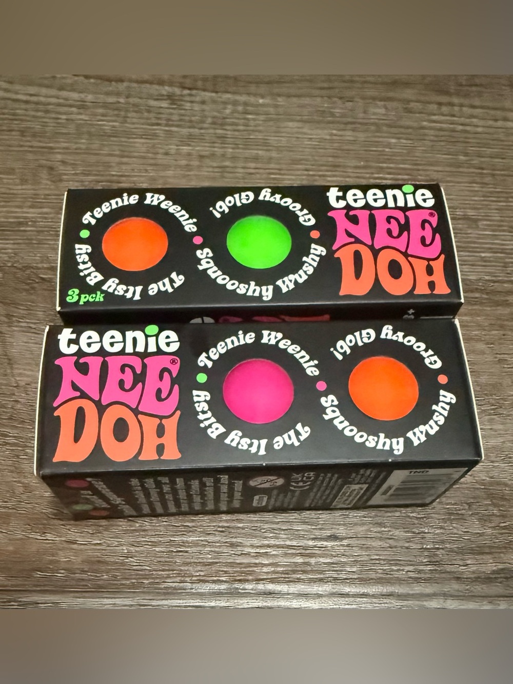 2 Packs Teenie Nee Doh 3-Pack Bright Pink, Neon Green, Orange